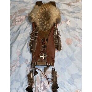 Vintage Native American Baby Cradle Board W/ Fur, Feathers, Leather Lacing Decor
